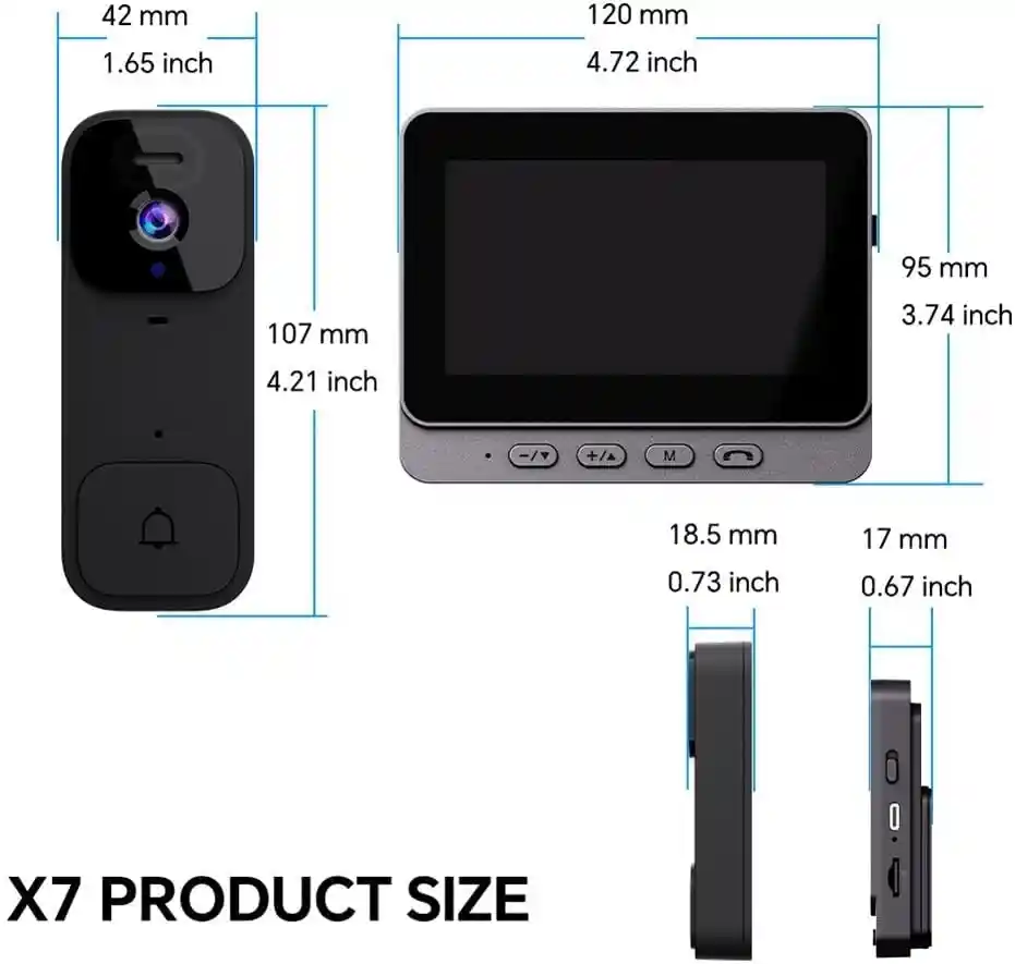 زنگ درب تصویری هوشمند بی‌سیم با مانیتور ۴.۳ اینچی مدل X7 – بدون نیاز به WiFi